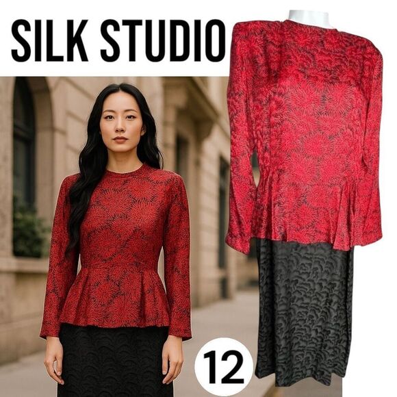Silk Studio Women's Patterned Long Sleeve Vintage Peplum Dress Red Black Sz 12 - Picture 1 of 9